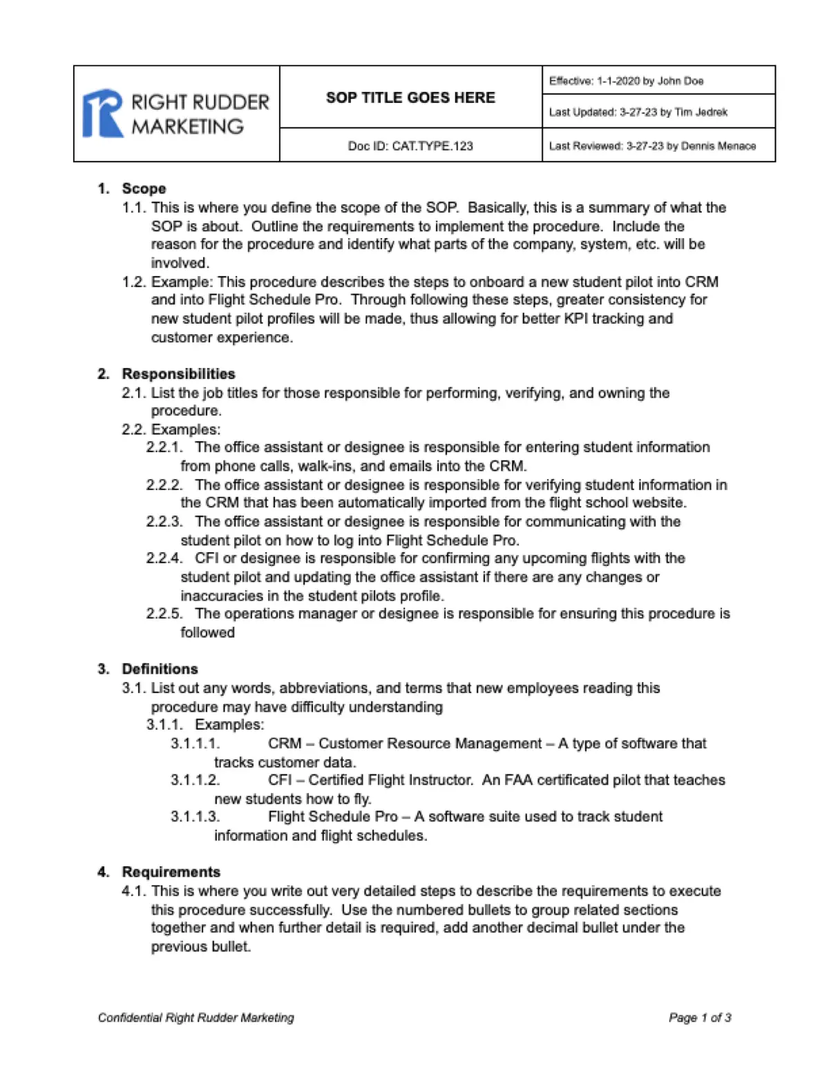 First page of the Flight School SOP Template