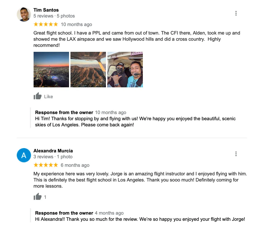 five star reviews of a flight school on google