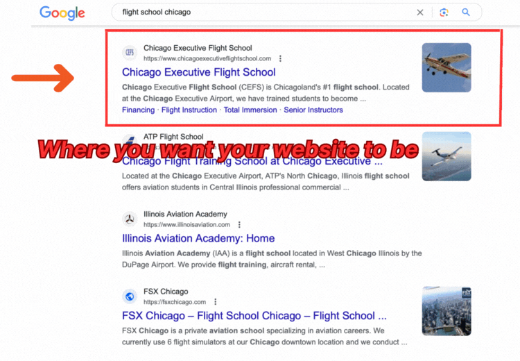 example of a flight school rannking #1 on Google search